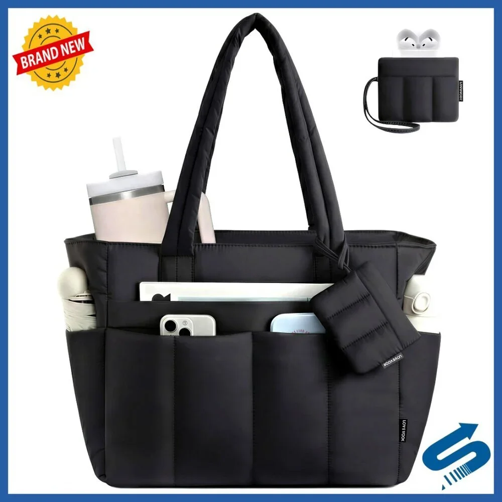 Quilted Puffer Tote Bag 15.6 Inch Laptop Work Bag with Luggage Strap